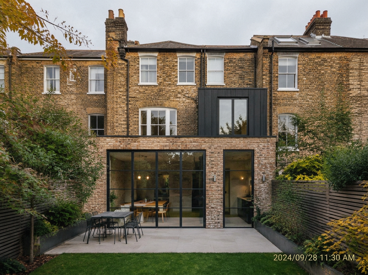 London Victorian terrace with a completed rear extension in brick and dark-framed glazing