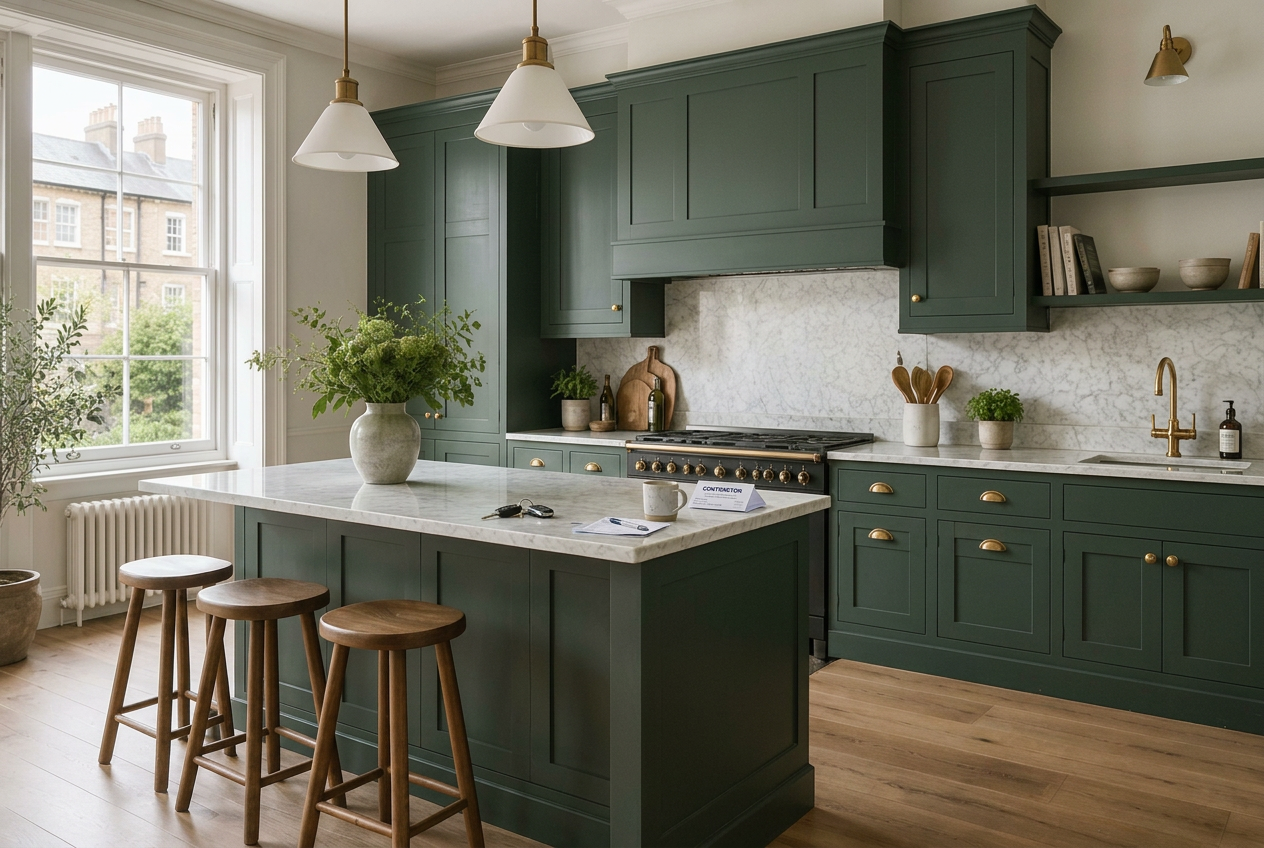 Renovated townhouse kitchen with deep green cabinetry and marble worktop